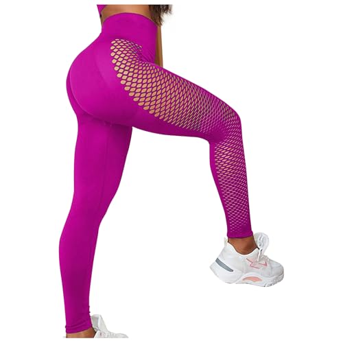 PORRASSO Leggings Damen High Waist Leggins Aushöhlen Weiche Sporthose Blickdicht Lang Laufhose mit Bauchkontrolle Po-Lift Slim Elastische Yogahose Rosenrot von PORRASSO