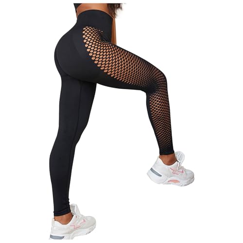 PORRASSO Leggings Damen High Waist Leggins Aushöhlen Weiche Sporthose Blickdicht Lang Laufhose mit Bauchkontrolle Po-Lift Slim Elastische Yogahose Schwarz von PORRASSO