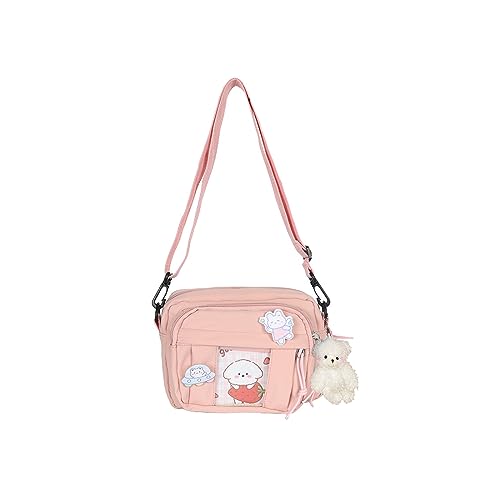 PORRASSO Mädchen Umhängetasche Süße Schultertasche mit Bären-Anhänger Nylon Messenger-Tasche Crossbody Bag für Reisen Täglichen Gebrau Rosa B von PORRASSO