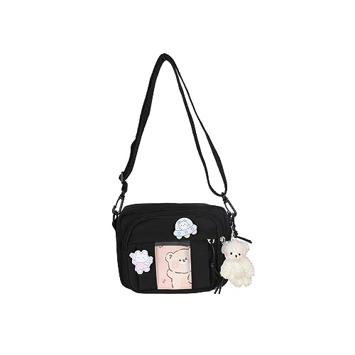 PORRASSO Mädchen Umhängetasche Süße Schultertasche mit Bären-Anhänger Nylon Messenger-Tasche Crossbody Bag für Reisen Täglichen Gebrau Schwarz B von PORRASSO