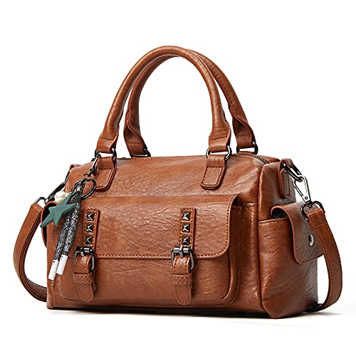 PORRASSO Retro Handtasche Damen Umhängetaschen Frauen Schultertaschen mit Anhänger Wasserdicht PU-Leder Henkeltasche Arbeit Reise Verabredung Boston Tasche Braun von PORRASSO