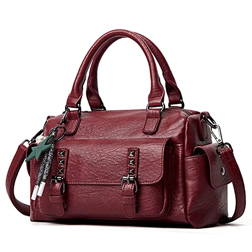 PORRASSO Retro Handtasche Damen Umhängetaschen Frauen Schultertaschen mit Anhänger Wasserdicht PU-Leder Henkeltasche Arbeit Reise Verabredung Boston Tasche Rotwein von PORRASSO