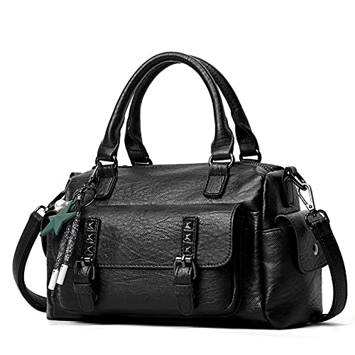 PORRASSO Retro Handtasche Damen Umhängetaschen Frauen Schultertaschen mit Anhänger Wasserdicht PU-Leder Henkeltasche Arbeit Reise Verabredung Boston Tasche Schwarz von PORRASSO