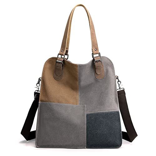 PORRASSO Retro Umhängetasche Canvas Schultertasche Damen Handtasche Groß Hobo Tasche Crossbody Bag für Arbeits Reisen Täglicher Gebrauch Grau von PORRASSO