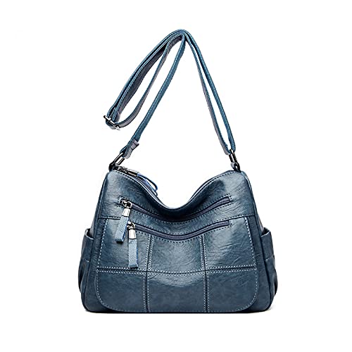 PORRASSO Retro Umhängetasche Damen Schultertasche Multi-Tasche Handtasche Weich Frauen PU Leder Schulterbeutel Arbeit Reisen Täglichen Gebrauch Crossbody Bag Blau von PORRASSO