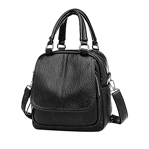 PORRASSO Rucksack Damen Umhängetasche Kleiner Daypack PU Wasserdicht Schultertasche Handtasche Rucksäcke für Reisen Shopping Dating Schwarz von PORRASSO