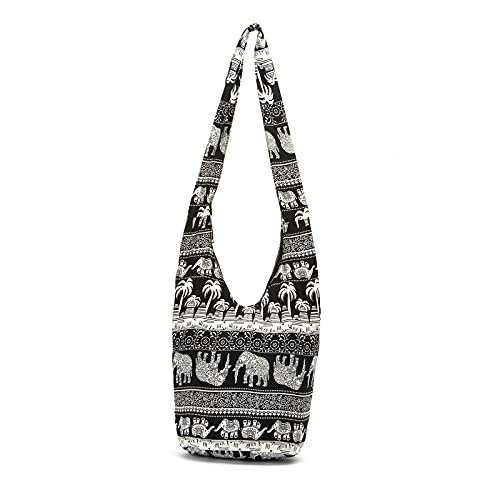 PORRASSO Schulterbeutel Damen Umhängetasche Leicht Schultertasche Hippie Baumwoll-Tasche für Reise Strandschule Wandern Picknick Schwarz von PORRASSO