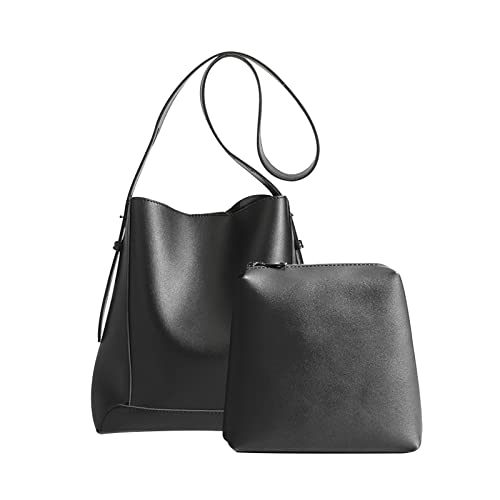 PORRASSO Schultertasche 2-Teiliges Set Damen Groß Handtasche Shopper Tasche Umhängetasche PU Leder Shopper Taschen für Arbeit Reisen Schwarz von PORRASSO