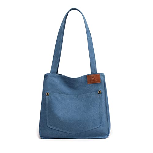 PORRASSO Segeltuch Schultertasche Damen Handtasche Mädchen Tote Bag Shopper Henkeltasche für Schule Arbeit Täglicher Gebrauch Blau von PORRASSO