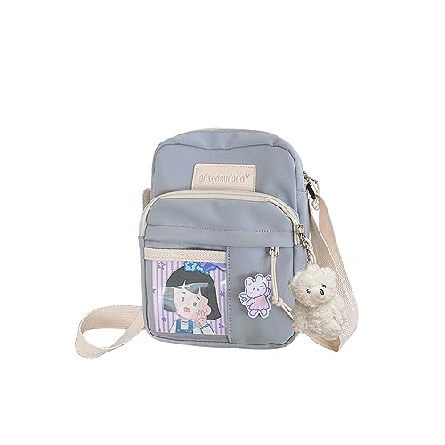 PORRASSO Süße Umhängetasche Mädchen Schultertasche mit Puppen-Anhänger Nylon Schulrachnzen Messenger-Tasche Crossbody Bag für Reisen Täglichen Gebrau Blau B von PORRASSO