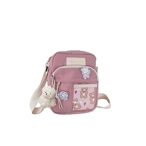 PORRASSO Süße Umhängetasche Mädchen Schultertasche mit Puppen-Anhänger Nylon Schulrachnzen Messenger-Tasche Crossbody Bag für Reisen Täglichen Gebrau Rosa B von PORRASSO