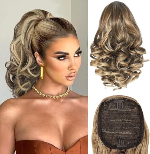 PORSMEER Pferdeschwanz Haarteil mit Kordelzug,Kurz Wellen Zopf Verlängerung Haare Extensions Synthetik Wellig Haarverlängerung Clip in Ponytail braun/blond für Damen,26cm von PORSMEER