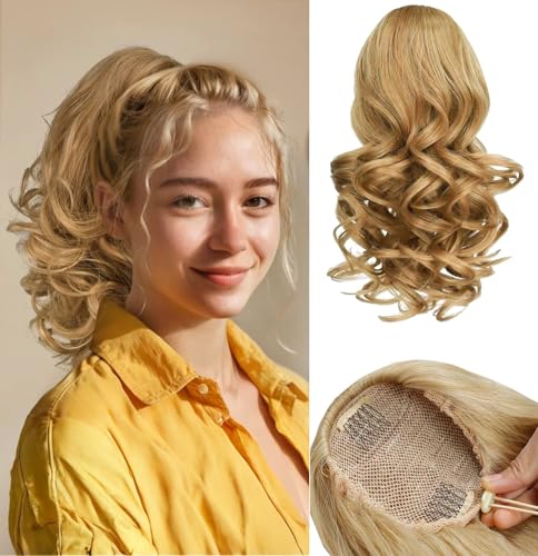 PORSMEER Pferdeschwanz Haarteil mit Kordelzug,Kurz Wellen Zopf Verlängerung Haare Extensions Synthetik Wellig Haarverlängerung Clip in Ponytail Blond für Damen,26cm von PORSMEER
