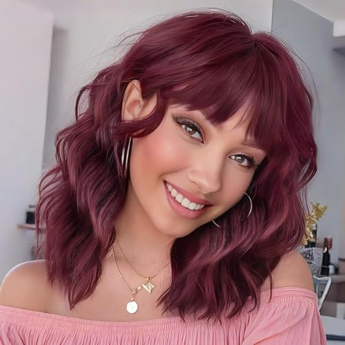 PORSMEER Perücke Damen Bob Schulter Länge Lockig Welle Wig mit Pony Natürliches Synthetische Haar Dark Red Wig, Anime Cosplay Halloween Wigs 14 Zoll (Weinrot) von PORSMEER