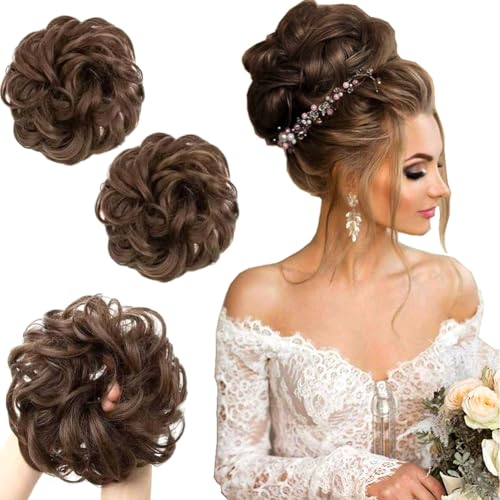 PORSMEER 2 Stücke Haarteil Mittelbraun mit Gummiband,Dutt Haarteil Gelockt Haargummi mit Haaren Hochsteckfrisuren Haarverlängerung Messy Bun Scrunchies Haarteile für Damen Pferdeschwanz von PORSMEER