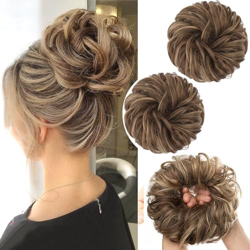 PORSMEER 2 Stücke Haarteil braun/blond mit Gummiband,Dutt Haarteil Gelockt Haargummi mit Haaren Hochsteckfrisuren Haarverlängerung Messy Bun Scrunchies Haarteile für Damen Pferdeschwanz von PORSMEER