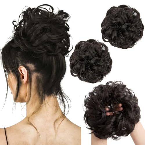 PORSMEER 2 Stücke Haarteil mit Gummiband Groß Dutt Haarteil schwarz Gelockt Haargummi mit Haaren Hochsteckfrisuren Haarverlängerung Messy Bun Scrunchies Haarteile für Damen Mädchen Pferdeschwanz von PORSMEER