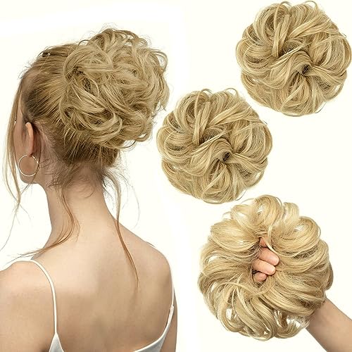 PORSMEER 2 Stücke Haarteil Natürliches Blond mit Gummiband,Dutt Haarteil Gelockt Haargummi mit Haaren Hochsteckfrisuren Haarverlängerung Messy Bun Scrunchies Haarteile für Damen Pferdeschwanz von PORSMEER