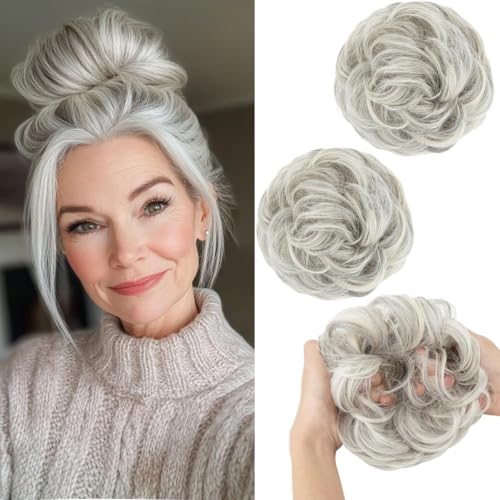 PORSMEER 2 Stücke Haarteil mit Gummiband Groß Dutt Haarteil Gelockt Haargummi Haarverlängerung Messy Bun Scrunchies Haarteile für Damen Mädchen Pferdeschwanz (Platinblond) von PORSMEER