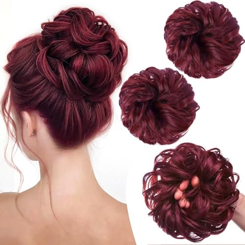 PORSMEER 2 Stücke Haarteil mit Gummiband Groß Dutt Haarteil dunkelrot Gelockt Haargummi mit Haaren Hochsteckfrisuren Haarverlängerung Messy Bun Scrunchies Haarteile für Damen Mädchen Pferdeschwanz von PORSMEER