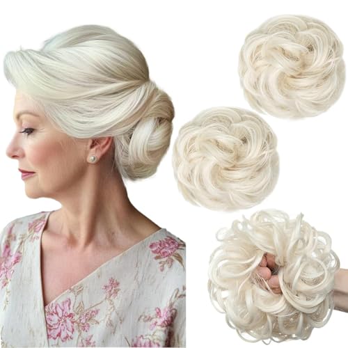 PORSMEER 2 Stücke Haarteil mit Gummiband Groß Dutt Haarteil weiß blond Gelockt Haargummi mit Haaren Hochsteckfrisuren Haarverlängerung Messy Bun Scrunchies Haarteile für Damen Mädchen Pferdeschwanz von PORSMEER