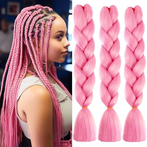 PORSMEER 3 Packs Kunsthaar Zum Einflechten Easy Braid Vorgedehnte Braids Extensions Rosa Farbe,Lang Braid Kunsthaar ZopfverläNgerungen für Frauen mädchen bunt Box Braid zum Einflechten Zöpfe von PORSMEER