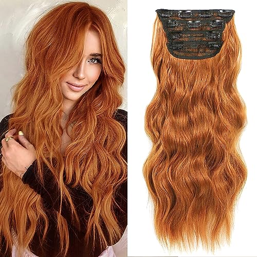 PORSMEER Clip in Extensions, 4PCS Voller Kopf Haarverlängerungen mit Clips Synthetik Gewellte Haarextension Kupfer rot Wavy Haar Extensions Clip in Haarteil für Frauen von PORSMEER