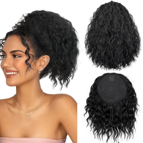 PORSMEER Wellige Lockige Pferdeschwanz Haarteil, Schwarz Kordelzug für Frauen Afro Zopf, Kurzes Weiches Natürliches Synthetisches Ponytail Extension von PORSMEER