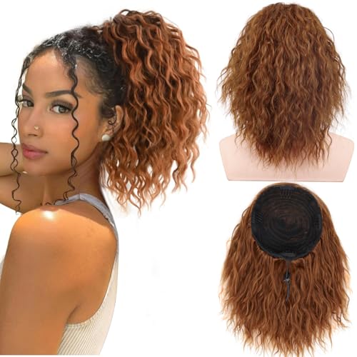 PORSMEER Wellige lockige Pferdeschwanz Haarteil,Ingwer braun Kordelzug Pferdeschwanz für Frauen Afro Zopf Haarteil Ponytail Kurzes weiches natürliches synthetisches Haarteil Ponytail Extension von PORSMEER