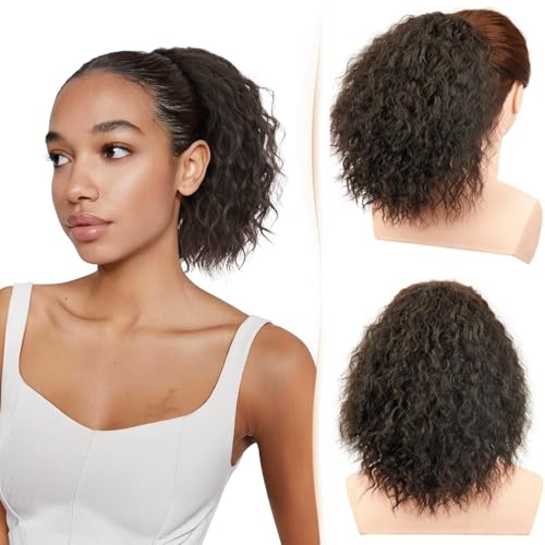 PORSMEER Wellige lockige Pferdeschwanz Haarteil,dunkelbraun Kordelzug Pferdeschwanz für Frauen Afro Zopf Haarteil Ponytail Kurzes weiches natürliches synthetisches Haarteil Ponytail Extension von PORSMEER