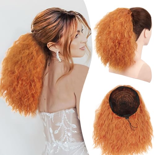 PORSMEER Wellige Lockige Pferdeschwanz Haarteil, Orange Kordelzug für Frauen Afro Zopf, Kurzes Weiches Natürliches Synthetisches Ponytail Extension von PORSMEER