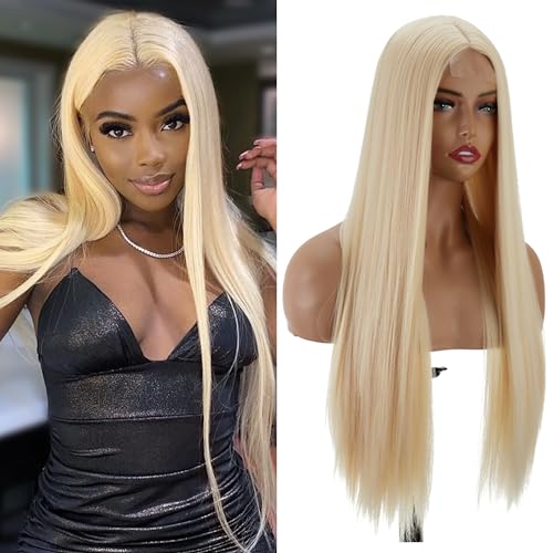 PORSMEER Blond Perück Lang Glatt Gerade Perücken mit Spitze Mittelscheitel für Frauen/Mädchen Natürliche kunsthaar Perücke für den Alltag oder Kostüm,26 inch von PORSMEER