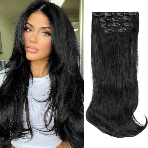 PORSMEER Clip in Extensions, 4PCS 50 cm Voller Kopf Haarverlängerungen mit Clips Synthetik Glatt Gewellte Haarextension Natürliches Schwarz Wavy Haar Extensions Clip in Haarteil für Frauen (1B#) von PORSMEER