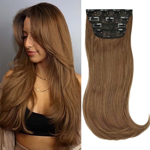 PORSMEER Clip in Extensions, 4PCS 50 cm Voller Kopf Haarverlängerungen mit Clips Natürliches Synthetik Glatt Gewellte Haarextension braun blond Wavy Haar Extensions Clip in Haarteil für Frauen von PORSMEER