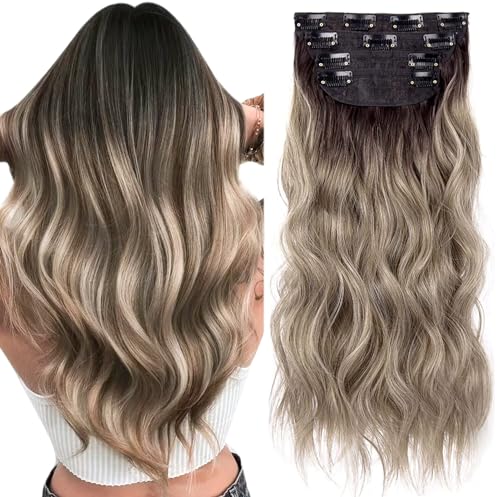 PORSMEER 4 Stück Clip-In Extensions,Haarverlängerung Aschbraun gemischt mit Hellblond gewellt Kunsthaar für Frauen PORSMEER 4 Stück Clip-In Extensions,Haarverlängerung Aschbraun gemischt mit Hellblond gewellt Kunsthaar für Frauen von PORSMEER