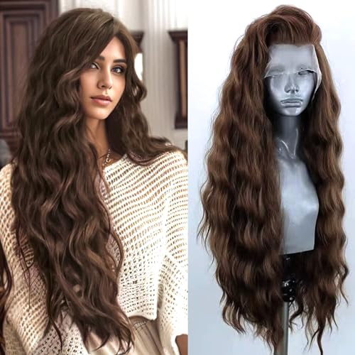 PORSMEER Dunkelbraun Lace Front Perücke Lang Lockige Gewellte Perücke für Damen 13x4 Lace Front Glueless Wig natürlichem Haaransatz Hitzebeständiges Kunsthaar von PORSMEER