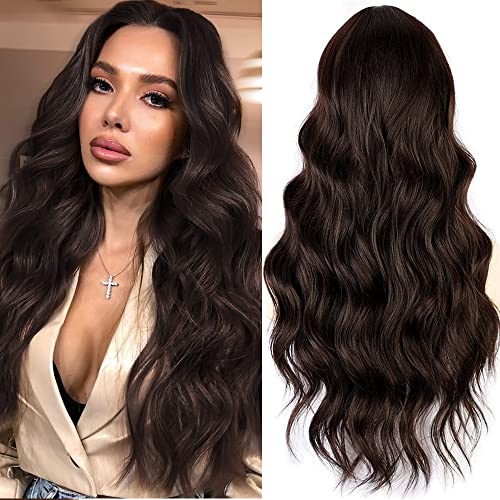 PORSMEER Perücke Damen Dunkelbraun Lang locken Gewellt Natürliche Synthetische Haar Wig Perücken für Frauen/Mädchen alltagstauglich Cosplay Kostüm Fasching Party Wig von PORSMEER