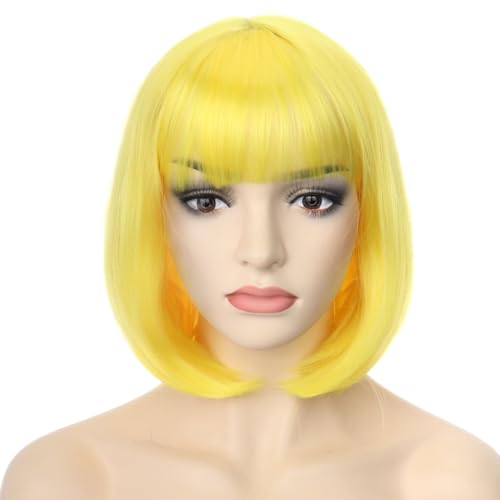 PORSMEER Gelb Kurz Gerade Bob Perücken Mit Pony für Frauen,Natürliche Synthetische Haar Perücken für Karneval/Fasching & Cosplay Halloween Party von PORSMEER