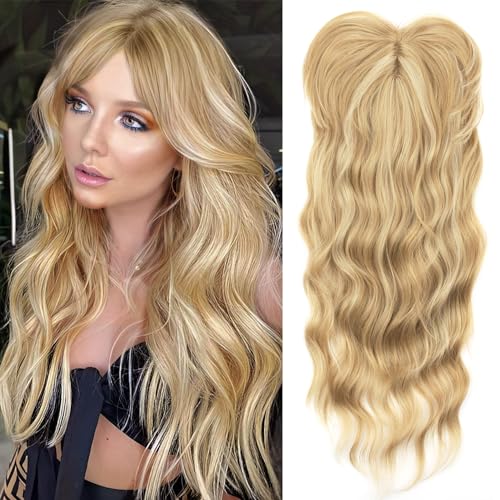 PORSMEER haarteile für dünnes haar topper, 45cm Lang Gewelltes Haarteile Synthetische Perücken-Topper für Frauen Highlight Clip In Wiglet mit Pony Haarvolumen hinzufügen(Blond) von PORSMEER