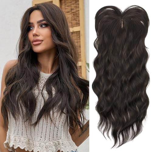PORSMEER Haar-Topper Dunkelbraun für Frauen 45cm Lang Gewelltes Haarteile Synthetische Perücken-Topper für dünnes Haar Highlight Clip In Wiglet mit Pony Haarvolumen hinzufügen von PORSMEER