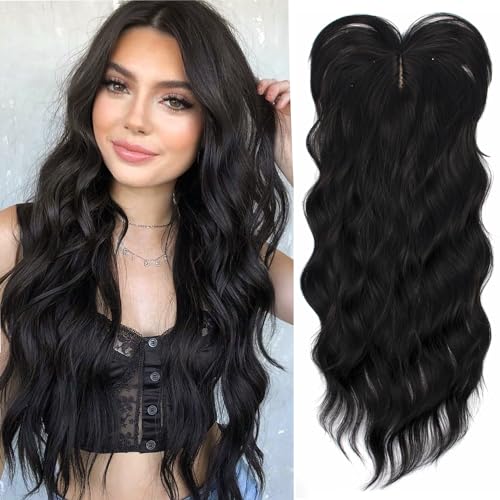 PORSMEER haarteile für dünnes haar topper, 45cm Lang Gewelltes Haarteile Synthetische Perücken-Topper für Frauen Highlight Clip In Wiglet mit Pony Haarvolumen hinzufügen(Natürliches Schwarz) von PORSMEER