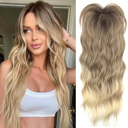 PORSMEER Haar-Topper Ombre blond für Frauen 45cm Lang Gewelltes Haarteile Synthetische Perücken-Topper für dünnes Haar Highlight Clip In Wiglet mit Pony Haarvolumen hinzufügen von PORSMEER