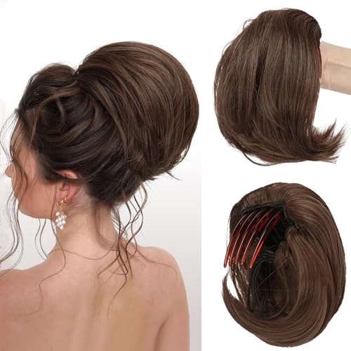 PORSMEER Haarteil Dutt mit Kamm Kurz Haarteil Pferdeschwanz Haardutt Chignon Synthetik Haarteile Kunsthaar Dutt Extensions mit Kordelzug für Damen (Braun von PORSMEER