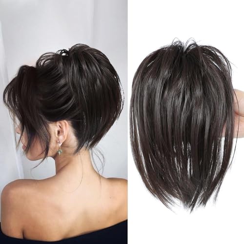 PORSMEER Pferdeschwanz Extensions mit Klammer Kurz Gerades Haargummi Clip in Haarteil Ponytail Natürliches Kunsthaar Haar Haarverlängerunge Messy Bun dunkelbraun für Damen Mädchen von PORSMEER