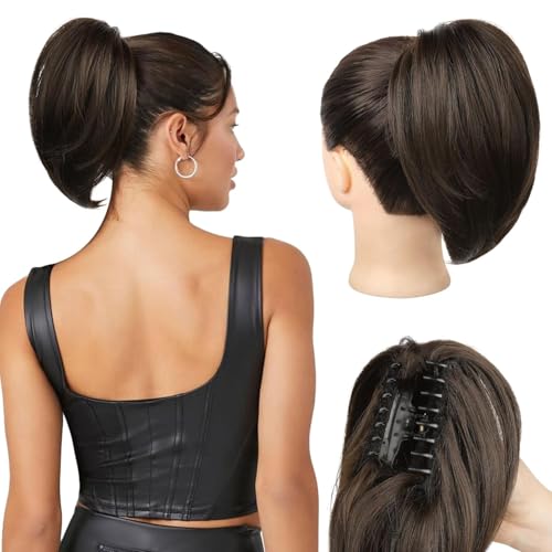 PORSMEER Pferdeschwanz Extensions mit Klammer Kurz Gerades Haargummi Clip in Haarteil Ponytail Natürliches Kunsthaar Haar Haarverlängerunge Messy Bun dunkelbraun für Damen Mädchen von PORSMEER