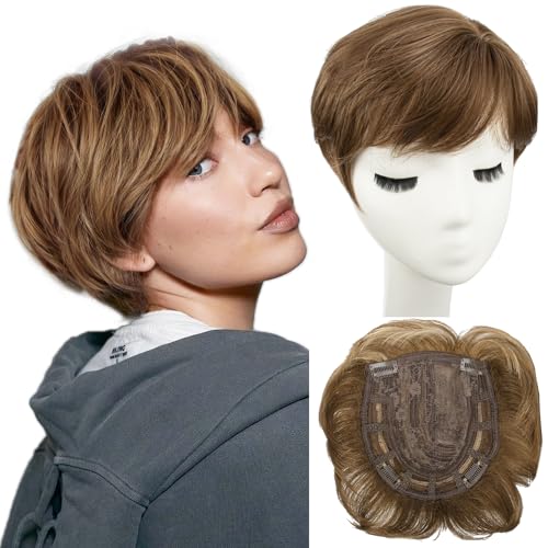 PORSMEER haarteile für dünnes haar topper, Kurze Pixie Cut Haarteile Synthetische Pixie Topper für Damen/Herren Clip In Wiglet mit Pony Haarvolumen hinzufügen,haarverlängerung(Goldbraun) von PORSMEER