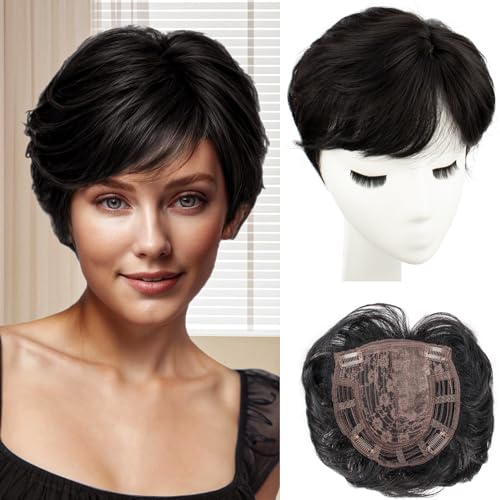 PORSMEER haarteile für dünnes haar topper, Kurze Pixie Cut Haarteile Synthetische Pixie Topper für Damen/Herren Clip In Wiglet mit Pony Haarvolumen hinzufügen,haarverlängerung(Natürliches Schwarz) von PORSMEER