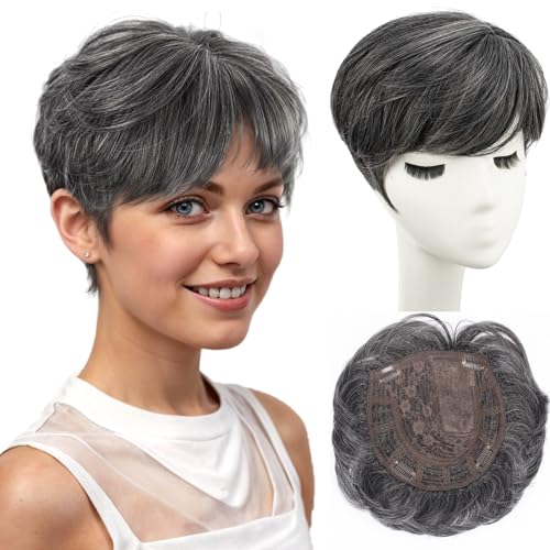 PORSMEER haarteile für dünnes haar topper, Kurze Pixie Cut Haarteile Synthetische Pixie Topper für Damen/Herren Clip In Wiglet mit Pony Haarvolumen hinzufügen,haarverlängerung(Schwarz Mix Silber) von PORSMEER