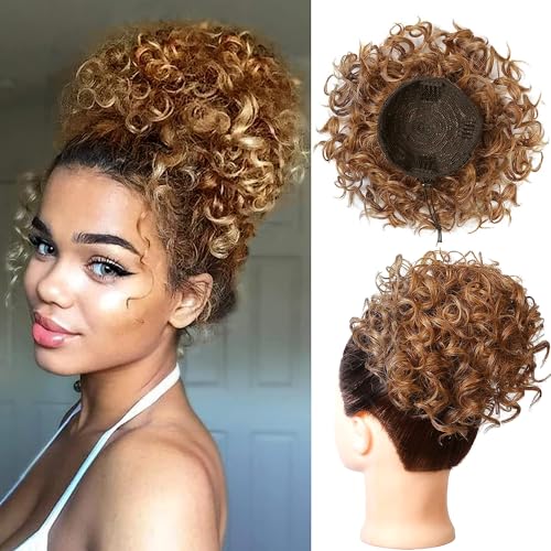 PORSMEER Haarteil Dutt Haar Bun mit Elastischer Kordelzug Kurz Locken Welle Pferdeschwanz Haarteil Kunsthaar Updo Haarverlängerung zopf für Frauen Tägliche,Ingwer braun von PORSMEER