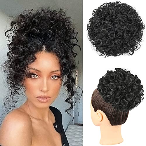 PORSMEER Haarteil Dutt Haar Bun mit Elastischer Kordelzug Kurz Locken Welle Pferdeschwanz Haarteil Kunsthaar wie Echthaar Updo Haarverlängerung zopf für Frauen Tägliche,Afro Schwarz 1B von PORSMEER